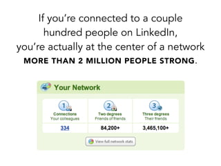 If you’re connected to a couple
hundred people on LinkedIn,
you’re actually at the center of a network
MORE THAN 2 MILLION PEOPLE STRONG.
 