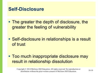 Copyright © 2014 McGraw-Hill Education. All rights reserved. No reproduction or
distribution without the prior written consent of McGraw-Hill Education.
Self-Disclosure
 The greater the depth of disclosure, the
greater the feeling of vulnerability
 Self-disclosure in relationships is a result
of trust
 Too much inappropriate disclosure may
result in relationship dissolution
10-10
 