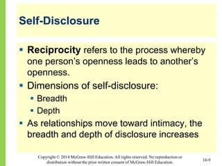 Copyright © 2014 McGraw-Hill Education. All rights reserved. No reproduction or
distribution without the prior written consent of McGraw-Hill Education.
Self-Disclosure
 Reciprocity refers to the process whereby
one person’s openness leads to another’s
openness.
 Dimensions of self-disclosure:
 Breadth
 Depth
 As relationships move toward intimacy, the
breadth and depth of disclosure increases
10-9
 
