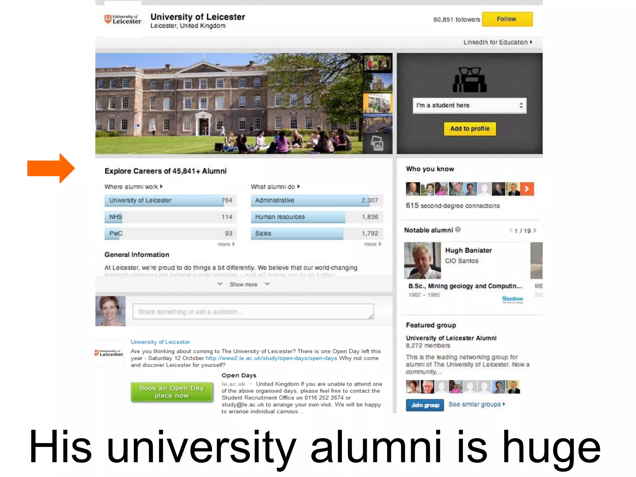His university alumni is huge

 