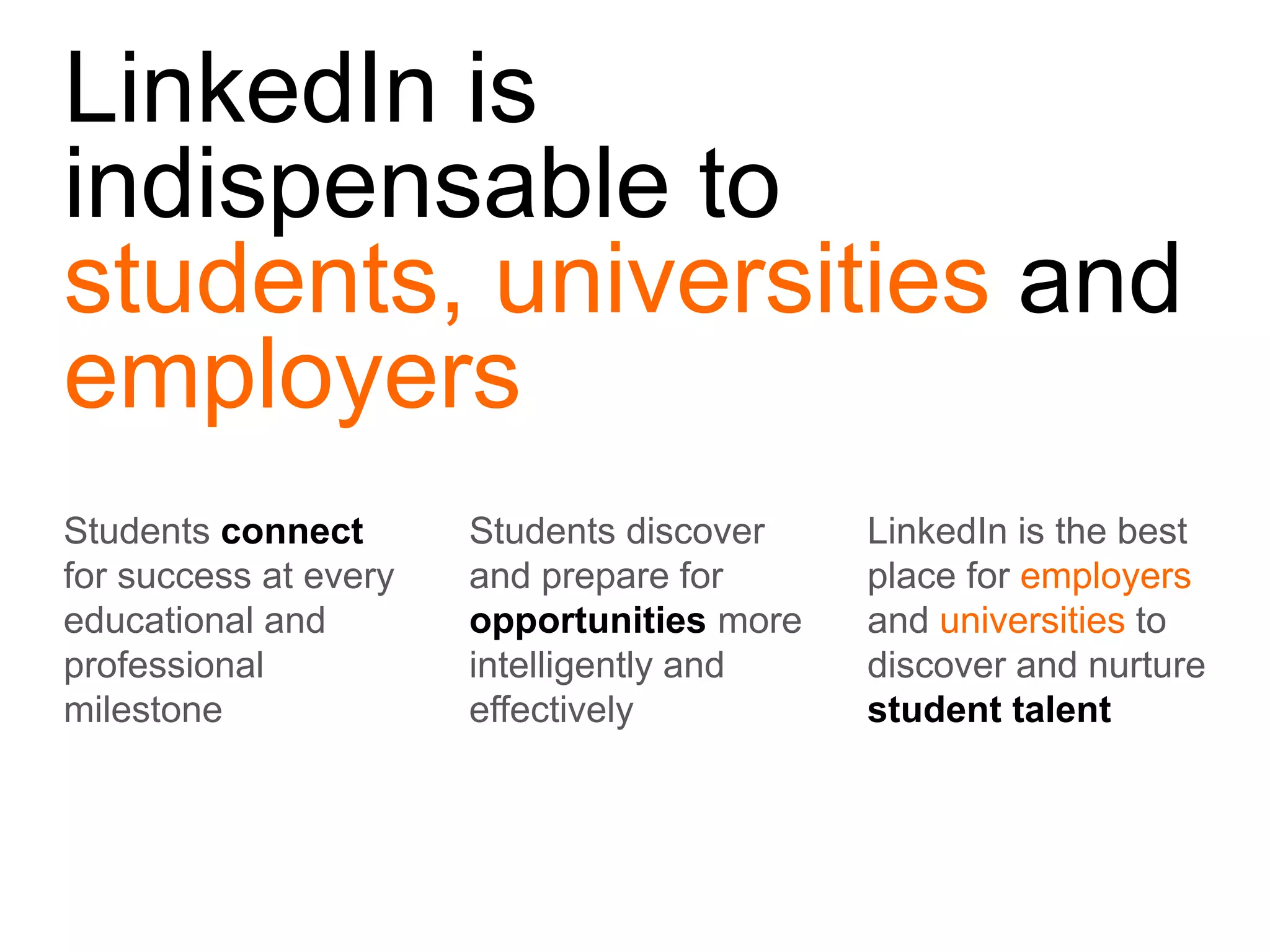 LinkedIn is
indispensable to
students, universities and
employers
Students connect
for success at every
educational and
professional
milestone

Students discover
and prepare for
opportunities more
intelligently and
effectively

LinkedIn is the best
place for employers
and universities to
discover and nurture
student talent

 