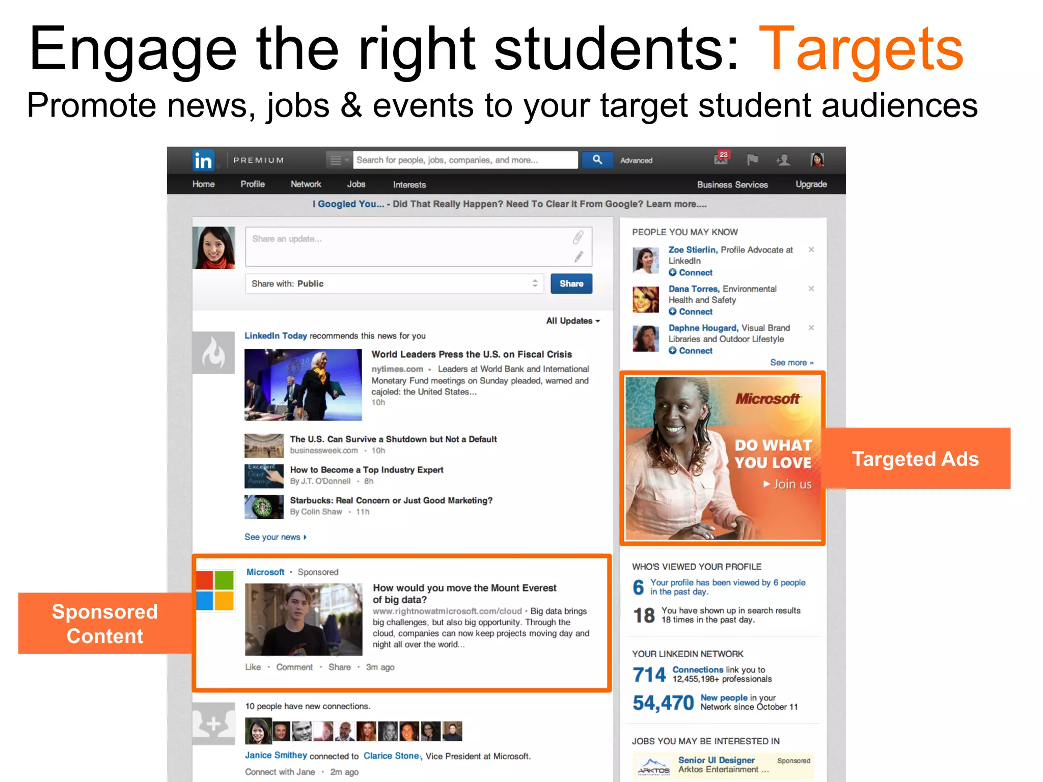 Engage the right students: Targets
Promote news, jobs & events to your target student audiences

Targeted Ads

Sponsored
Content

 