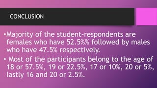 CONCLUSION
•Majority of the student-respondents are
females who have 52.5%% followed by males
who have 47.5% respectively.
• Most of the participants belong to the age of
18 or 57.5%, 19 or 22.5%, 17 or 10%, 20 or 5%,
lastly 16 and 20 or 2.5%.
 