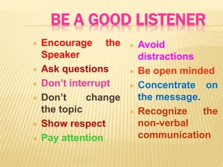 BE A GOOD LISTENER
 Encourage the
Speaker
 Ask questions
 Don’t interrupt
 Don’t change
the topic
 Show respect
 Pay attention
 Avoid
distractions
 Be open minded
 Concentrate on
the message.
 Recognize the
non-verbal
communication
 