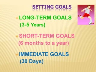 SETTING GOALS
LONG-TERM GOALS
(3-5 Years)
SHORT-TERM GOALS
(6 months to a year)
IMMEDIATE GOALS
(30 Days)
 