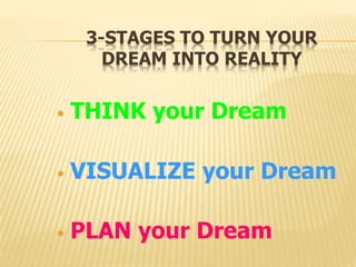 3-STAGES TO TURN YOUR
DREAM INTO REALITY
• THINK your Dream
• VISUALIZE your Dream
• PLAN your Dream
 
