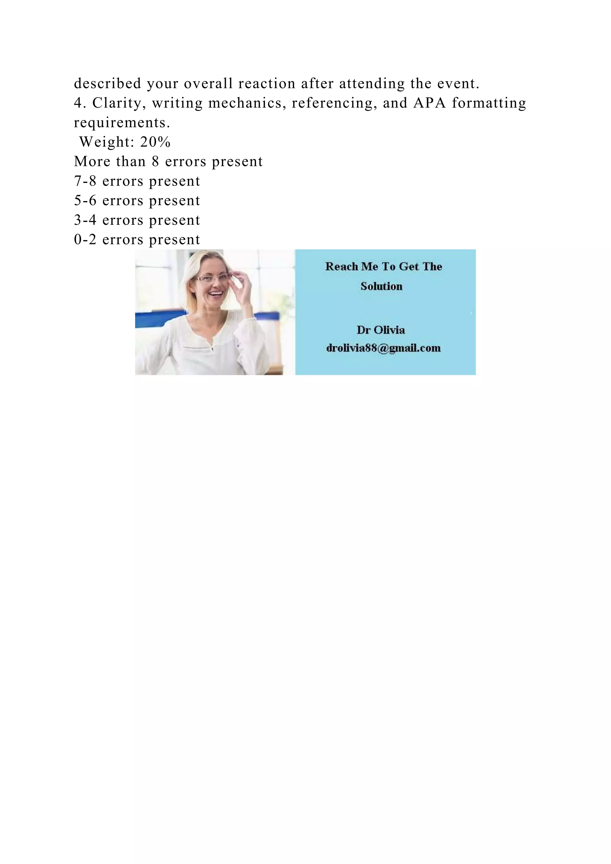 described your overall reaction after attending the event.
4. Clarity, writing mechanics, referencing, and APA formatting
requirements.
Weight: 20%
More than 8 errors present
7-8 errors present
5-6 errors present
3-4 errors present
0-2 errors present
 