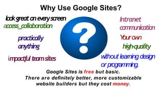 Why Use Google Sites?
Google Sites is free but basic.
There are deﬁnitely better, more customizable
website builders but they cost money.
Intranet
communication
Y
ourown
high-quality
without learningdesign
or programming.
lookgreatoneveryscreen
access_collaboration
practically
anything
impactfulteamsites
 