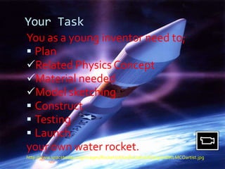 Your Task
You as a young inventor need to;
 Plan
Related Physics Concept
Material needed
Model sketching
 Construct
 Testing
 Launch
your own water rocket.
http://www.spacetoday.org/images/Rockets/AtlasRockets/Atlas5rocketLMCOartist.jpg
 