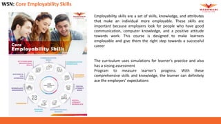 WSN: Core Employability Skills
Employability skills are a set of skills, knowledge, and attributes
that make an individual more employable. These skills are
important because employers look for people who have good
communication, computer knowledge, and a positive attitude
towards work. This course is designed to make learners
employable and give them the right step towards a successful
career
The curriculum uses simulations for learner’s practice and also
has a strong assessment
Program to measure learner’s progress. With these
comprehensive skills and knowledge, the learner can definitely
ace the employers’ expectations
 