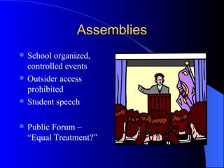 Assemblies School organized, controlled events Outsider access prohibited Student speech Public Forum – “Equal Treatment?” 