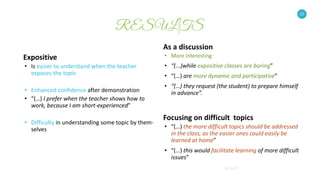 22
Expositive
• Is easier to understand when the teacher
exposes the topic
• Enhanced confidence after demonstration
• “(…) I prefer when the teacher shows how to
work, because I am short-experienced”
• Difficulty in understanding some topic by them-
selves
As a discussion
22
• More interesting
• “(...)while expositive classes are boring”
• “(…) are more dynamic and participative”
• “(…) they request (the student) to prepare himself
in advance”.
Focusing on difficult topics
• “(…) the more difficult topics should be addressed
in the class, as the easier ones could easily be
learned at home”
• “(…) this would facilitate learning of more difficult
issues”
 