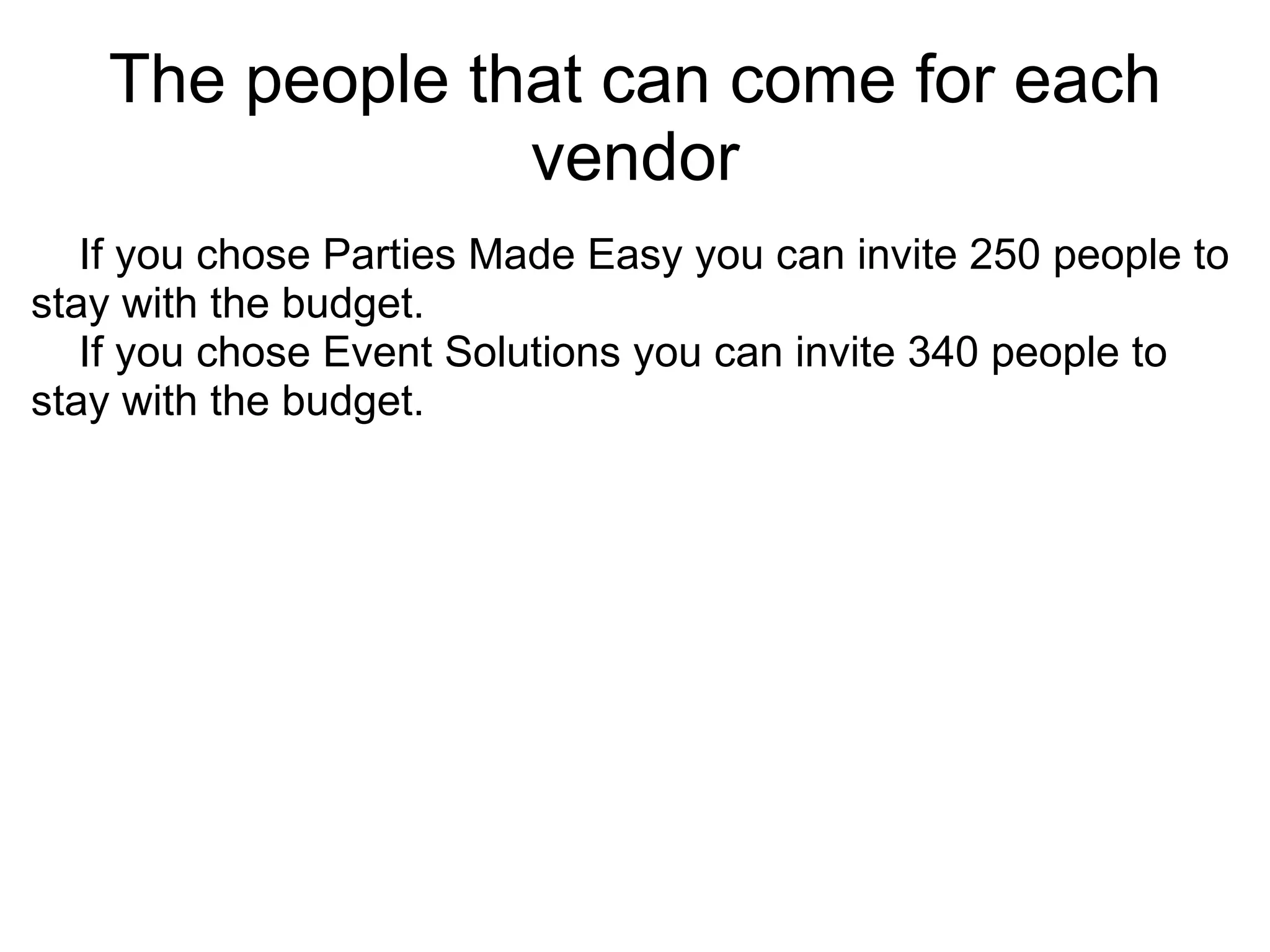The people that can come for each vendor      If you chose Parties Made Easy you can invite 250 people to stay with the budget.      If you chose Event Solutions you can invite 340 people to stay with the budget. 
