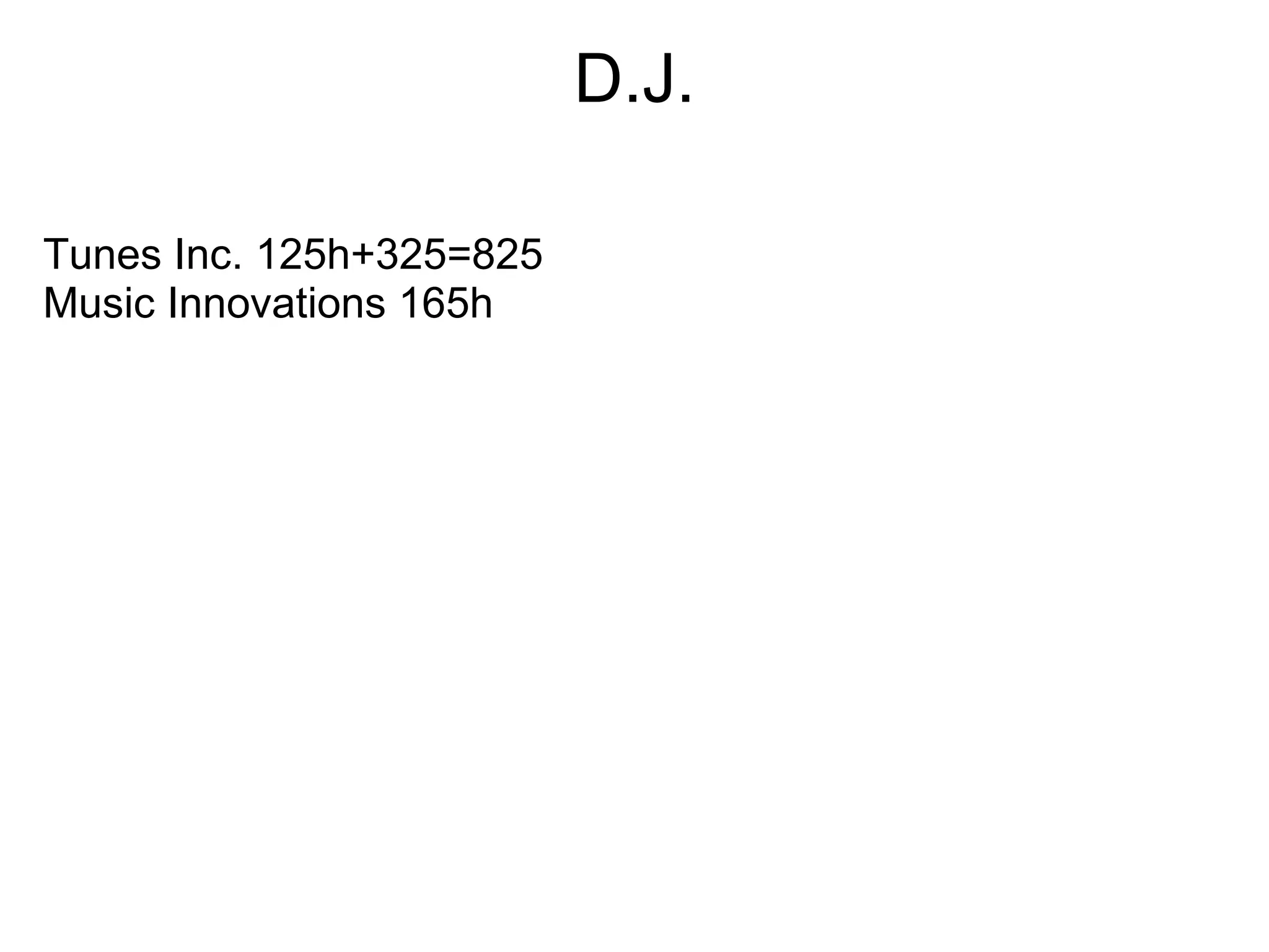 D.J.   Tunes Inc. 125h+325=825   Music Innovations 165h 