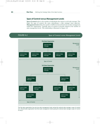 Span of Control versus Management Levels
Span of control refers to the number of individuals who report to each sales manager. The
larger the span of control, the more subordinates a sales manager must supervise.
Management levels define the number of different hierarchical levels of sales management
within the organization. Typically, span of control is inversely related to the number of
sales management levels. This relationship is illustrated in Figure 4.2.
82 Part Two Defining the Strategic Role of the Sales Function
District Sales
Manager
District Sales
Manager
District Sales
Manager
District Sales
Manager
District Sales
Manager
National Sales
Manager
Management
Levels
Management
Levels
Flat Sales Organization
Tall Sales Organization
Span of Control
Span of Control
District Sales
Manager
District Sales
Manager
District Sales
Manager
District Sales
Manager
District Sales
Manager
District Sales
Manager
Regional Sales
Manager
Regional Sales
Manager
National Sales
Manager
FIGURE 4.2 Span of Control versus Management Levels
The flat sales organization has only two sales management levels, giving the national sales manager a span of control
of 5. The tall sales organization has three sales management levels, giving the national sales manager a span of control
of only 2.
31451_04_ch4_p079-126.qxd 15/03/05 20:26 PM Page 82
 