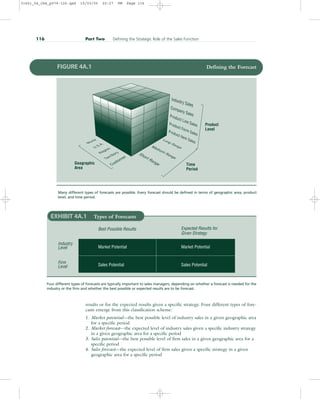 results or for the expected results given a specific strategy. Four different types of fore-
casts emerge from this classification scheme:
1. Market potential—the best possible level of industry sales in a given geographic area
for a specific period
2. Market forecast—the expected level of industry sales given a specific industry strategy
in a given geographic area for a specific period
3. Sales potential—the best possible level of firm sales in a given geographic area for a
specific period
4. Sales forecast—the expected level of firm sales given a specific strategy in a given
geographic area for a specific period
116 Part Two Defining the Strategic Role of the Sales Function
Geographic
Area
Product
Level
Time
Period
Product Item Sales
Product Form Sales
Product Line Sales
Company Sales
Industry Sales
World
U.S.A.
Region
Territory
Customer
Long Range
Medium
Range
Short Range
FIGURE 4A.1 Defining the Forecast
Many different types of forecasts are possible. Every forecast should be defined in terms of geographic area, product
level, and time period.
EXHIBIT 4A.1 Types of Forecasts
Four different types of forecasts are typically important to sales managers, depending on whether a forecast is needed for the
industry or the firm and whether the best possible or expected results are to be forecast.
Best Possible Results
Market Potential
Sales Potential
Industry
Level
Firm
Level
Expected Results for
Given Strategy
Market Potential
Sales Potential
31451_04_ch4_p079-126.qxd 15/03/05 20:27 PM Page 116
 