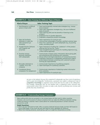 168 Part Three Developing the Salesforce
EXHIBIT 6.3 Sales Training for Different Types of Buyers
Kind of Buyer Sales Training Topic
1. Hard Bargainer (a difficult 1. Teach psychologically oriented sales strategies (e.g., transac-
person to deal with) tional analysis).
2. Teach sales negotiation strategies (e.g., the use of different
bases of power).
3. Teach listening skills and the benefits of listening to the
prospect.
4. Emphasize how to handle objections.
5. Emphasize competitive product knowledge.
2. Sales Job Facilitator 1. Teach importance of a quid pro quo.
(attempts to make the 2. Communicate advantages of having a satisfied customer base.
sales transaction go 3. Show how customers can assist salespeople (e.g., by pooling
smoothly) orders, providing leads).
3. Straight Shooter (behaves 1. Teach importance of selling the “substance” of the product
with integrity and offering and not just the “sizzle.”
propriety) 2. Teach straightforward techniques for handling objections (e.g.,
a direct denial approach).
4. Socializer (enjoys 1. Communicate company policy information about giving gifts
personal interaction and entertaining and socializing with customers.
with salespeople) 2. Discuss ethical and legal implications of transacting business.
3. Emphasize importance of salespeople maintaining an appro-
priate balance between socializing with customers and per-
forming job responsibilities.
5. Persuader (attempts to 1. Communicate importance of qualifying prospects.
“market” his or her 2. Teach techniques for qualifying customers.
company)
6. Considerate (shows 1. Communicate importance of obtaining market information
compassion for salesperson) from customers.
2. Teach importance of a quid pro quo.
are new to the industry because the competitor’s salespeople may have years of experience
and be quite knowledgeable. Furthermore, customers may exploit a salesperson’s lack of
competitive knowledge to negotiate terms of sale that may be costly to the selling firm.
For example, salespeople who are not familiar with a competitor’s price structure may
unnecessarily reduce their own price to make a sale, thereby sacrificing more revenue and
profits than they should have.
EXHIBIT 6.4 Understanding Foreign Customers
Many selling skills that are successful in the United States will also work in other countries.
However, one must be aware of cultural variations that can make the difference between closing
a deal and losing a customer. Here is some advice for conducting business in certain countries
around the world.
Arab Countries:
• Don’t use your left hand to hold, offer, or receive materials because Arabs use their left hands to
touch toilet paper. If you must use your left hand to write, apologize for doing so.
• When first meeting someone, avoid giving a gift as it might be interpreted as a bribe.
31451_06_ch6_p159-184.qxd 16/03/05 19:33 PM Page 168
 