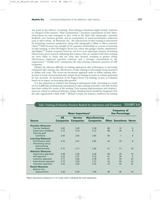 any point in the delivery of training. Post-training evaluations might include reactions
or critiques of the trainees, “final examinations,” retention examinations at later dates,
observations by sales managers as they work in the field with salespeople, customer
feedback, new business growth, and an examination of actual performance indicators
such as sales volume. At Motorola, Inc., the effectiveness of sales training is determined
by measuring customer satisfaction, along with salespeople’s ability to affect customer
values.69
Dell measures the strength of its customer relationships as a means of assessing
its sales training, as does Dr Pepper/Seven Up, which also gauges volume, distribution,
and display.70
Trainee reactions, however, can serve as an important measure of training
effectiveness given research indicating that trainees who are satisfied with their training
are more likely to retain and use what they learned, resulting in greater selling
effectiveness, improved customer relations, and a stronger commitment to the
organization.71
Exhibit 6.672
summarizes the sales training evaluation practices of 129
companies.
Despite the inherent difficulty in relating subsequent sales performance to previously
conducted sales training, the effectiveness of sales training is increasingly being measured
in dollars and cents. This return-on-investment approach seeks to define training effec-
tiveness in terms of incremental sales volume from existing accounts or volume generated
by new accounts. As mentioned, at Dr Pepper/Seven Up training, in part, is evaluated
based on its impact on increasing sales growth.
It is also important to reinforce the training in subsequent weeks. According to a study
of over 6,000 sales professionals, participants in sales training remember only half of what
they learn within five weeks of the training. Post-training implementation and reinforce-
ment are critical to enhanced behavior change. Reinforcement should be integrated with
the sales organization’s daily work.72
Molson Canada, for instance, reinforces its training
Module Six Continual Development of the Salesforce: Sales Training 177
Sales Training Evaluation Practices Ranked by Importance and Frequency EXHIBIT 6.6
Frequency of
Mean Importance* Use Percentage
All Service Manufacturing
Source Companies Companies Companies Often Sometimes Never
Reaction Measures
Trainee feedback 3.42 3.39 3.39 86 14 0
Supervisor’s feedback 3.15 3.14 3.12 68 24 8
Training staff
comments 2.95 2.92 2.85 93 7 0
Learning Measures
Performance tests 3.10 3.31 2.85 63 29 8
Pretraining versus
post-training
measurements 2.72 2.71 2.56 31 51 18
Behavior Measures
Supervisory appraisal 3.38 3.50 3.29 64 26 10
Self-appraisal 3.25 3.37 3.10 61 30 9
Customer appraisal 3.17 3.42 2.78 41 35 23
Subordinate appraisal 2.73 2.93 2.37 32 45 23
Coworker appraisal 2.52 2.63 2.33 33 45 22
Result Measures
Bottom line
measurement 3.20 3.34 2.94 40 46 14
*Mean importance is based on a 1 to 5 scale, with 5 indicating the most importance.
31451_06_ch6_p159-184.qxd 16/03/05 19:34 PM Page 177
 