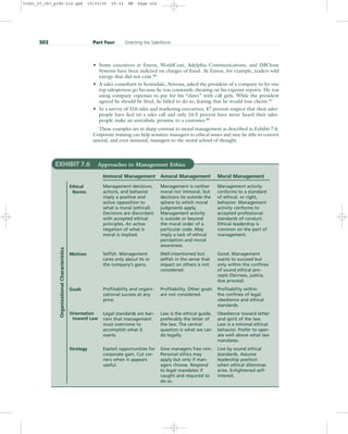 • Some executives at Enron, WorldCom, Adelphia Communications, and IMClone
Systems have been indicted on charges of fraud. At Enron, for example, traders sold
energy that did not exist.46
• A sales consultant in Scottsdale, Arizona, asked the president of a company to let one
top salesperson go because he was constantly cheating on his expense reports. He was
using company expenses to pay for his “dates” with call girls. While the president
agreed he should be fired, he failed to do so, fearing that he would lose clients.47
• In a survey of 316 sales and marketing executives, 47 percent suspect that their sales-
people have lied on a sales call and only 16.5 percent have never heard their sales-
people make an unrealistic promise to a customer.48
These examples are in sharp contrast to moral management as described in Exhibit 7.6.
Corporate training can help sensitize managers to ethical issues and may be able to convert
amoral, and even immoral, managers to the moral school of thought.
202 Part Four Directing the Salesforce
EXHIBIT 7.6 Approaches to Management Ethics
Ethical
Norms
Motives
Goals
Orientation
toward Law
Strategy
Immoral Management
Management decisions,
actions, and behavior
imply a positive and
active opposition to
what is moral (ethical).
Decisions are discordant
with accepted ethical
principles. An active
negation of what is
moral is implied.
Selfish. Management
cares only about its or
the company’s gains.
Profitability and organi-
zational success at any
price.
Legal standards are bar-
riers that management
must overcome to
accomplish what it
wants.
Exploit opportunities for
corporate gain. Cut cor-
ners when it appears
useful.
Amoral Management
Management is neither
moral nor immoral, but
decisions lie outside the
sphere to which moral
judgments apply.
Management activity
is outside or beyond
the moral order of a
particular code. May
imply a lack of ethical
perception and moral
awareness.
Well-intentioned but
selfish in the sense that
impact on others is not
considered.
Profitability. Other goals
are not considered.
Law is the ethical guide,
preferably the letter of
the law. The central
question is what we can
do legally.
Give managers free rein.
Personal ethics may
apply but only if man-
agers choose. Respond
to legal mandates if
caught and required to
do so.
Moral Management
Management activity
conforms to a standard
of ethical, or right,
behavior. Management
activity conforms to
accepted professional
standards of conduct.
Ethical leadership is
common on the part of
management.
Good. Management
wants to succeed but
only within the confines
of sound ethical pre-
cepts (fairness, justice,
due process).
Profitability within
the confines of legal
obedience and ethical
standards.
Obedience toward letter
and spirit of the law.
Law is a minimal ethical
behavior. Prefer to oper-
ate well above what law
mandates.
Live by sound ethical
standards. Assume
leadership position
when ethical dilemmas
arise. Enlightened self-
interest.
Organizational
Characteristics
31451_07_ch7_p185-214.qxd 15/03/05 20:33 PM Page 202
 