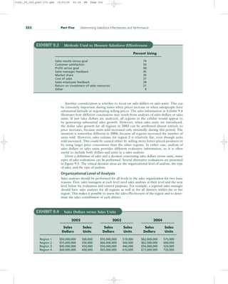 Another consideration is whether to focus on sales dollars or sales units. This can
be extremely important during times when prices increase or when salespeople have
substantial latitude in negotiating selling prices. The sales information in Exhibit 9.4
illustrates how different conclusions may result from analyses of sales dollars or sales
units. If just sales dollars are analyzed, all regions in the exhibit would appear to
be generating substantial sales growth. However, when sales units are introduced,
the dollar sales growth for all regions in 2003 can be attributed almost entirely to
price increases, because units sold increased only minimally during this period. The
situation is somewhat different in 2004, because all regions increased the number of
units sold. However, sales volume for region 2 is relatively flat, even though units
sold increased. This could be caused either by selling more lower-priced products or
by using larger price concessions than the other regions. In either case, analysis of
sales dollars or sales units provides different evaluative information, so it is often
useful to include both dollars and units in a sales analysis.
Given a definition of sales and a decision concerning sales dollars versus units, many
types of sales evaluations can be performed. Several alternative evaluations are presented
in Figure 9.5. The critical decision areas are the organizational level of analysis, the type
of sales, and the type of analysis.
Organizational Level of Analysis
Sales analyses should be performed for all levels in the sales organization for two basic
reasons. First, sales managers at each level need sales analyses at their level and the next
level below for evaluation and control purposes. For example, a regional sales manager
should have sales analyses for all regions as well as for all districts within his or her
region. This makes it possible to assess the sales effectiveness of the region and to deter-
mine the sales contribution of each district.
252 Part Five Determining Salesforce Effectiveness and Performance
EXHIBIT 9.3 Methods Used to Measure Salesforce Effectiveness
Percent Using
Sales results versus goal 79
Customer satisfaction 59
Profit versus goal 49
Sales manager feedback 45
Market share 39
Cost of sales 37
Sales employee feedback 28
Return on investment of sales resources 21
Other 9
EXHIBIT 9.4 Sales Dollars versus Sales Units
2002 2003 2004
Sales Sales Sales Sales Sales Sales
Dollars Units Dollars Units Dollars Units
Region 1 $50,000,000 500,000 $55,000,000 510,000 $62,000,000 575,000
Region 2 $55,000,000 550,000 $60,000,000 560,000 $62,000,000 600,000
Region 3 $45,000,000 450,000 $50,000,000 460,000 $56,000,000 520,000
Region 4 $60,000,000 600,000 $65,000,000 610,000 $73,000,000 720,000
31451_09_ch9_p243-270.qxd 15/03/05 20:38 PM Page 252
 