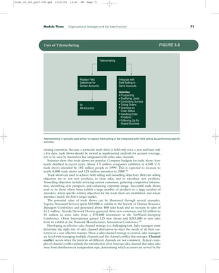 existing customers. Because a particular trade show is held only once a year and lasts only
a few days, trade shows should be viewed as supplemental methods for account coverage,
not to be used by themselves but integrated with other sales channels.
Statistics show that trade shows are popular. Company budgets for trade shows have
nearly doubled in recent years. About 1.5 million companies exhibited at 4,500 U.S.
trade shows attended by 102 million people in 1999. This is expected to increase to
nearly 6,000 trade shows and 125 million attendees in 2008.34
Trade shows are used to achieve both selling and nonselling objectives. Relevant selling
objectives are to test new products, to close sales, and to introduce new products.
Nonselling objectives include servicing current customers, gathering competitive informa-
tion, identifying new prospects, and enhancing corporate image. Successful trade shows
tend to be those where firms exhibit a large number of products to a large number of
attendees, where specific written objectives for the trade show are established, and where
attendees match the firm’s target market.
The potential value of trade shows can be illustrated through several examples.
Express Personnel Services spent $50,000 to exhibit at the Society of Human Resource
Managers Conference and generated about 400 sales leads and an increase in sales of
$1.2 million. Azanda Network Devices garnered three new customers and $3 million to
$5 million in extra sales from a $70,000 investment at the NetWorld-Interprop
Conference. Orion International gained 125 new clients and $245,000 in new sales
from its exhibit at the National Manufacturers Association Conference.35
Developing an effective sales channel strategy is a challenging task. Sales managers must
determine the right mix of sales channel alternatives to meet the needs of all their cus-
tomers in a cost-effective manner. Once a sales channel strategy is created, sales managers
are faced with managing multiple channels and the channel conflict that emerges. Channel
conflict occurs when the interests of different channels are not consistent. Typical exam-
ples of channel conflict include the introduction of an Internet sales channel that takes sales
away from distributors or independent reps, determining which accounts are served by the
Module Three Organizational Strategies and the Sales Function 71
Integrate with
Field Selling to
Same Accounts
Activities
Prospecting
Qualifying Leads
Conducting Surveys
Taking Orders
Checking on
Order Status
Handling Order
Problems
Following Up for
Repeat Business
Replace Field
Salesforce for
Certain Accounts
Or
All Accounts
Telemarketing
•
•
•
•
•
•
•
Uses of Telemarketing FIGURE 3.8
Telemarketing is typically used either to replace field selling or be integrated with field selling by performing specific
activities.
31451_03_ch3_p047-078.qxd 15/03/05 15:49 PM Page 71
 