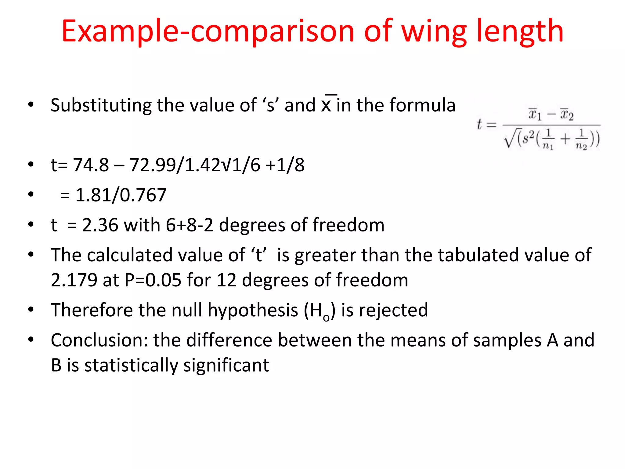 Example-comparison of wing length
• Substituting the value of ‘s’ and x̅ in the formula
• t= 74.8 – 72.99/1.42√1/6 +1/8
• = 1.81/0.767
• t = 2.36 with 6+8-2 degrees of freedom
• The calculated value of ‘t’ is greater than the tabulated value of
2.179 at P=0.05 for 12 degrees of freedom
• Therefore the null hypothesis (Ho) is rejected
• Conclusion: the difference between the means of samples A and
B is statistically significant
 
