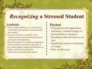 Delete Box or
Insert Text or
Image Here.
Academic
• Serious grade problems, or a change from
consistently good grades to unaccountably
poor grades
• Excessive absences, especially if the
student has previously demonstrated good,
consistent class attendance
• Repeated requests for special consideration,
such as deadline extensions, especially if
the student appears highly uncomfortable or
highly emotional disclosing the
circumstances prompting the request
Recognizing a Stressed Student
Physical
• Unusual physical appearance
including: a marked change in
personal dress or hygiene
• Sweating (when the room is not
hot)
• Significant increase or decrease
in weight
• Red, swollen eyes
 