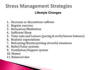 1. Decrease or discontinue caffeine
2. Regular exercise
3. Relaxation/Meditation
4. Sufficient Sleep
5. Time-outs and Leisure (pacing & work/leisure balance)
6. Realistic expectations
7. Reframing/Reinterpreting stressful situations
8. Belief/Value systems
9. Ventilation/Support system
10. Humor
11. Balanced diet
Lifestyle Changes
 