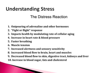 1. Outpouring of adrenaline and other hormones
2. "Fight or flight" response
3. Impacts health by modulating rate of cellular aging
4. Increase in heart rate & blood pressure
5. Faster breathing
6. Muscle tension
7. Increased alertness and sensory sensitivity
8. Increased blood flow to brain, heart and muscles
9. Decreased blood flow to skin, digestive tract, kidneys and liver
10. Increase in blood sugar, fats and cholesterol
The Distress Reaction
 