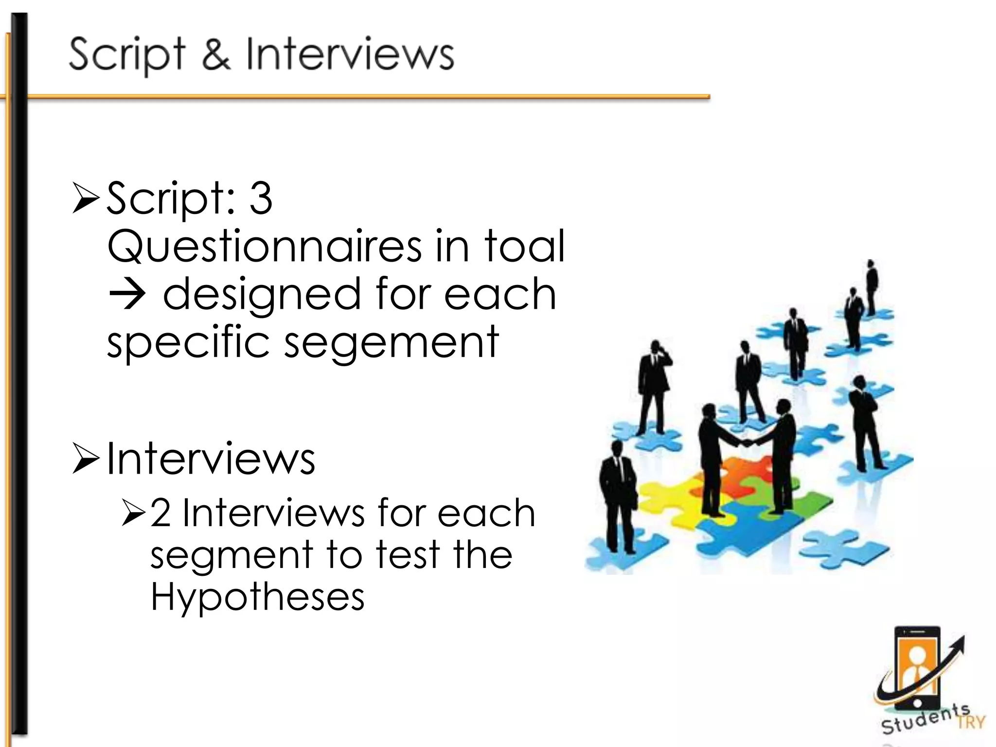 Script: 3
Questionnaires in toal
 designed for each
specific segement
Interviews
2 Interviews for each
segment to test the
Hypotheses
 