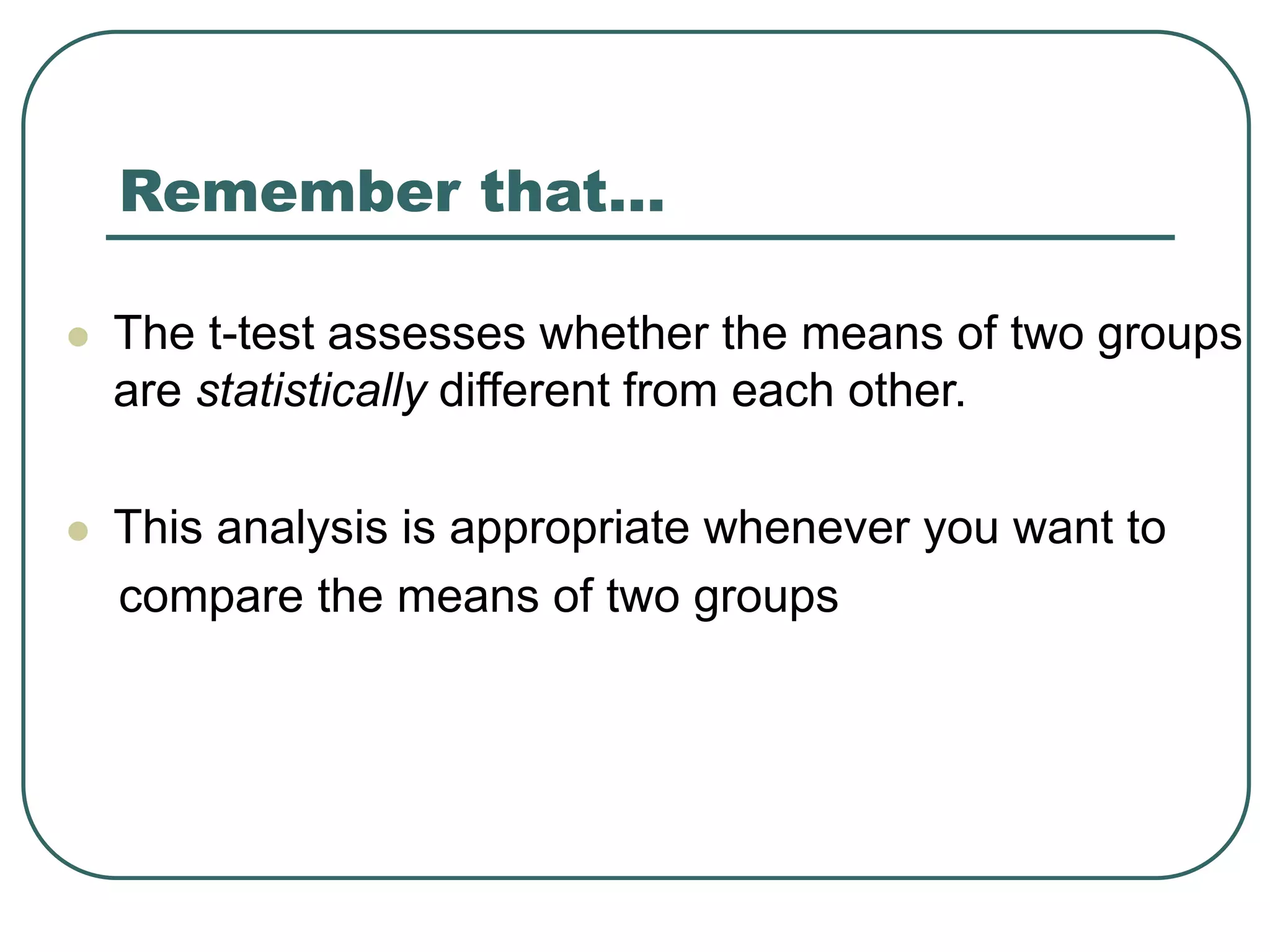 Remember that…
 The t-test assesses whether the means of two groups
are statistically different from each other.
 This analysis is appropriate whenever you want to
compare the means of two groups
 