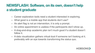 NEWSFLASH: Software, on its own, doesn’t help
a student graduate
– Career exploration tools need a student interested in exploring.
– What good is a mobile app that students don’t use?
– An alert flag is not an intervention, it is only a prompt.
– An online appointment is useless if the participants don’t show up.
– A drag-and-drop academic plan isn’t much good if a student doesn’t
follow it.
– A data visualization gathers virtual dust if someone isn’t looking at it,
preferably with an eye towards transforming the status quo.
 