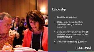 • Capacity across silos
• Clean, secure data to inform
decision-making across the
institution
• Comprehensive understanding of
available interventions across the
student lifecycle
• Guidance on focusing questions
Leadership
 