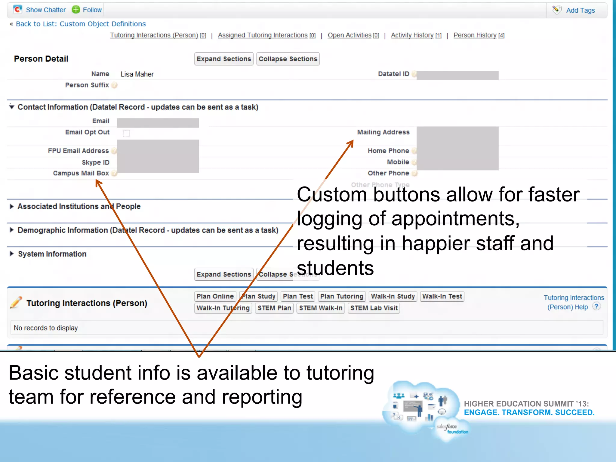 HIGHER EDUCATION SUMMIT ’13:
ENGAGE. TRANSFORM. SUCCEED.
Basic student info is available to tutoring
team for reference and reporting
Custom buttons allow for faster
logging of appointments,
resulting in happier staff and
students
 