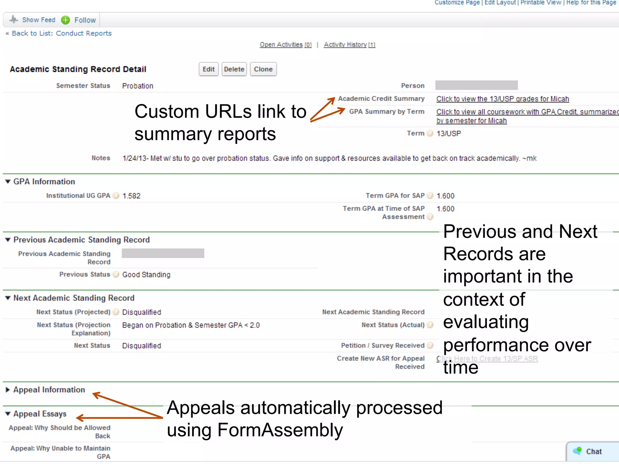Previous and Next
Records are
important in the
context of
evaluating
performance over
time
Appeals automatically processed
using FormAssembly
Custom URLs link to
summary reports
 