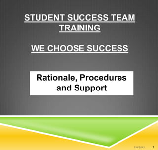 STUDENT SUCCESS TEAM
      TRAINING

 WE CHOOSE SUCCESS


  Rationale, Procedures
       and Support




                          7/6/2012   1
 