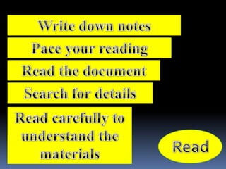 Write down notesPace your readingRead the document Search for detailsRead carefully to understand the materialsRead