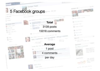 5 Facebook groups
Total
3139 posts
15018 comments


Average
1 post
4 comments
per day

 