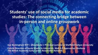 Students' use of social media for academic
studies: The connecting bridge between
in-person and online groupwork
Sue Beckingham NTF | @suebecks | Principal Lecturer at Sheffield Hallam University
Future Direction of Social Media in Education: Web 4.0 Approaches Worksop
The British Academy Early Career Researcher Network
 
