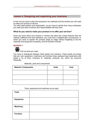 ENTREPRENEURSHIP: STUDENT’S WORKBOOK
Lesson 4. Designing and organizing your business
In this unit you have to plan the equipment, the materials and the workers you will need
to make your product or service.
You also need workers and organization, so you have to decide how many employees
you need and which functions and responsibilities will they have.
What do you need to make your product or to offer your service?
Once you know about your product or service and about the unique features that are
making it different and more attractive, you must have a detailed plan of production, in
which you have to explain the process stage by stage without forgetting to list the
materials and equipment necessary, and the workers involved.
ACTIVITY 1
Find out what you need:
You have to distinguish between fixed assets and inventory. Fixed assets are things
that are: tool, equipment, machinery and furniture (they represent big investments and
lasted a lot of time). Inventory is: materials, products, etc, which we consume
frequently.
Materials, parts and components:
Material / Components Units Cost
Tools, equipment and machinery to be used:
Tools
Equipment
Machinery
Furniture
 
