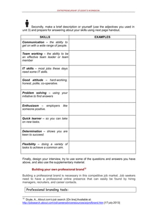 ENTREPRENEURSHIP: STUDENT’S WORKBOOK
Secondly, make a brief description or yourself (use the adjectives you used in
unit 3) and prepare for answering about your skills using next page handout.
SKILLS EXAMPLES
Communication – the ability to
get on with a wide range of people.
Team working – the ability to be
an effective team leader or team
member
IT skills – most jobs these days
need some IT skills.
Good attitude – hard-working,
honest, polite, co-operative.
Problem solving – using your
initiative to find answers
Enthusiasm – employers like
someone positive.
Quick learner – so you can take
on new tasks.
Determination – shows you are
keen to succeed.
Flexibility – doing a variety of
tasks to achieve a common aim.
Finally, design your interview, try to use some of the questions and answers you have
above, and also use the supplementary material.
Building your own professional brand12
Building a professional brand is necessary in this competitive job market. Job seekers
need to have a professional online presence that can easily be found by hiring
managers, recruiters, and career contacts.
Professional branding tools:
12
Doyle, A., About.com's job search. [On line] Available at:
http://jobsearch.about.com/od/careeradviceresources/a/profbrand.htm [17 july 2013]
 
