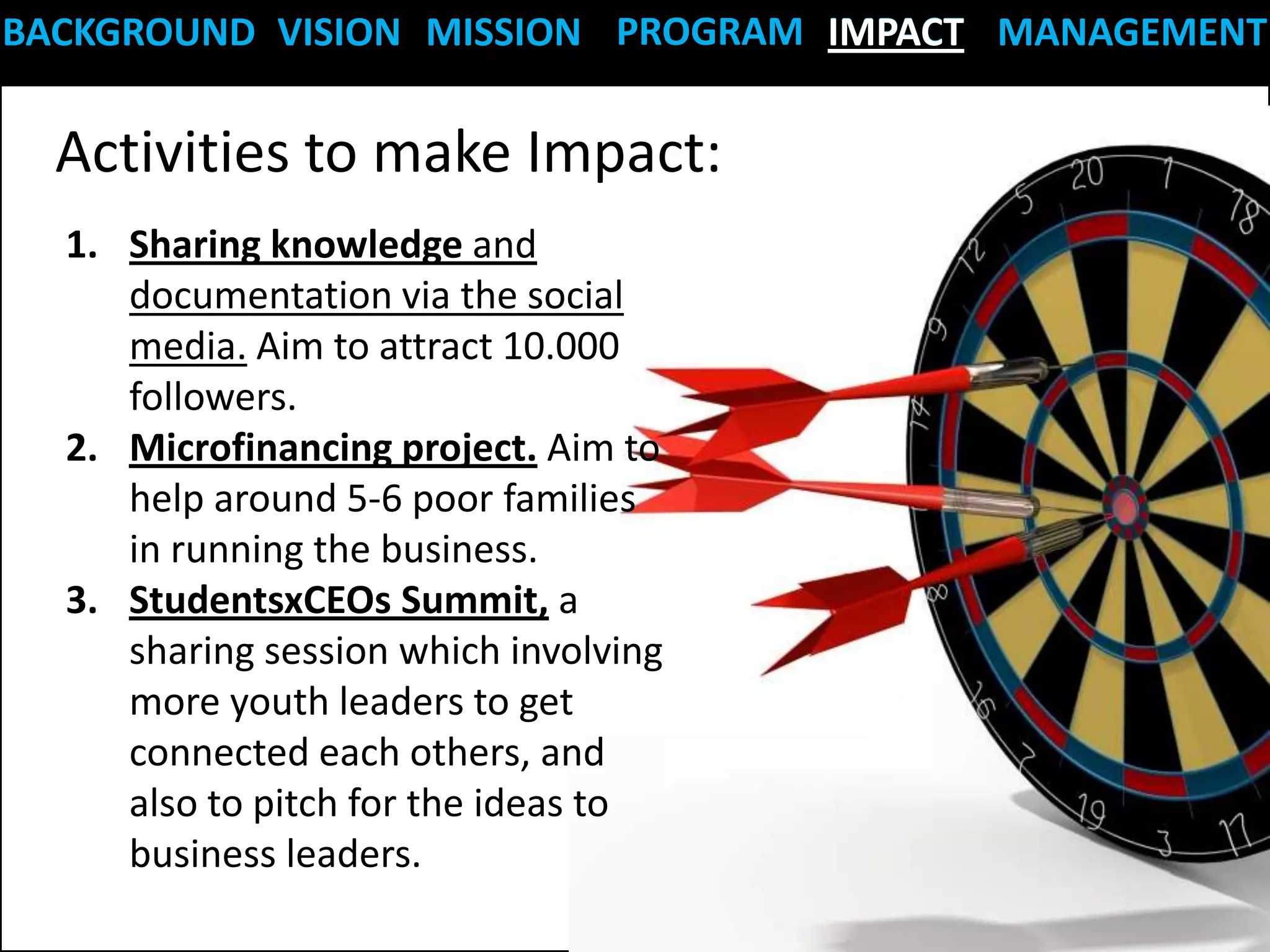 BACKGROUND VISION MISSION PROGRAM IMPACT MANAGEMENT

  Activities to make Impact:
  1. Sharing knowledge and
     documentation via the social
     media. Aim to attract 10.000
     followers.
  2. Microfinancing project. Aim to
     help around 5-6 poor families
     in running the business.
  3. StudentsxCEOs Summit, a
     sharing session which involving
     more youth leaders to get
     connected each others, and
     also to pitch for the ideas to
     business leaders.
 