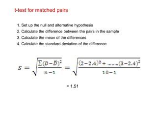 t-test for matched pairs
1. Set up the null and alternative hypothesis
2. Calculate the difference between the pairs in the sample
3. Calculate the mean of the differences
4. Calculate the standard deviation of the difference
= 1.51
 
