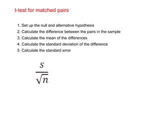 t-test for matched pairs

 1. Set up the null and alternative hypothesis
 2. Calculate the difference between the pairs in the sample
 3. Calculate the mean of the differences
 4. Calculate the standard deviation of the difference
 5. Calculate the standard error
 