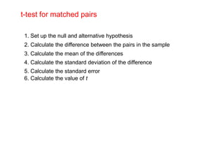 t-test for matched pairs

 1. Set up the null and alternative hypothesis
 2. Calculate the difference between the pairs in the sample
 3. Calculate the mean of the differences
 4. Calculate the standard deviation of the difference
 5. Calculate the standard error
 6. Calculate the value of t
 