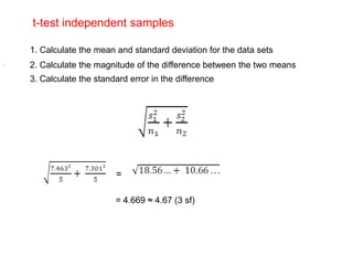t-test independent samples

    1. Calculate the mean and standard deviation for the data sets
.   2. Calculate the magnitude of the difference between the two means
    3. Calculate the standard error in the difference




                          =

                          = 4.669 ≈ 4.67 (3 sf)
 