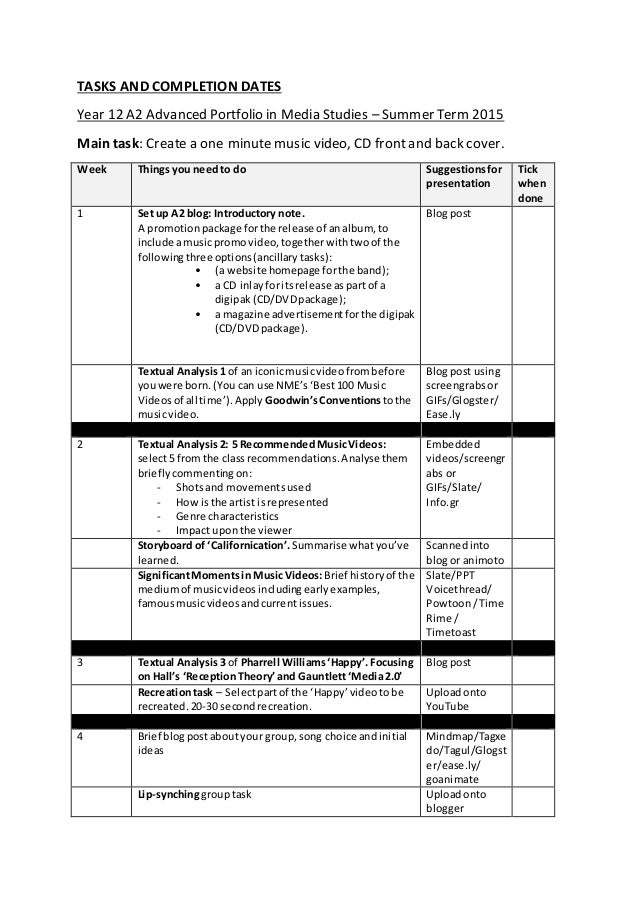 A2 Music Video Practice Piece Student tasksheet