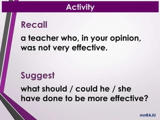 Activity
mnRAJU
Recall
a teacher who, in your opinion,
was not very effective.
Suggest
what should / could he / she
have done to be more effective?
 