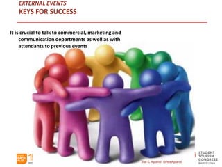 EXTERNAL EVENTS
KEYS FOR SUCCESS
It is crucial to talk to commercial, marketing and
communication departments as well as with
attendants to previous events
José G. Aguarod @PepeAguarod
 