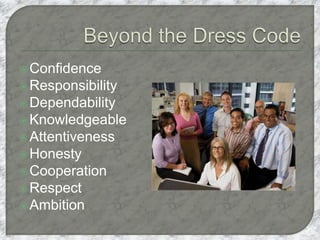 Confidence
Responsibility
Dependability
Knowledgeable
Attentiveness
Honesty
Cooperation
Respect
Ambition
 